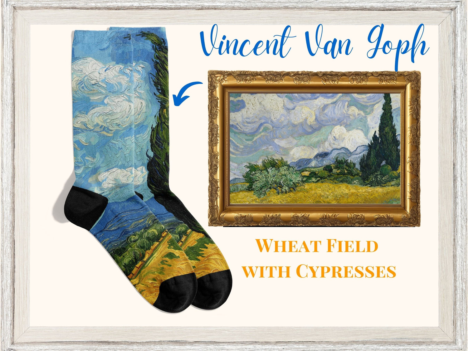 Van Gogh Cypresses Art Socks flatlaid next to painting of Van Goph's Wheat Field with Cypresses