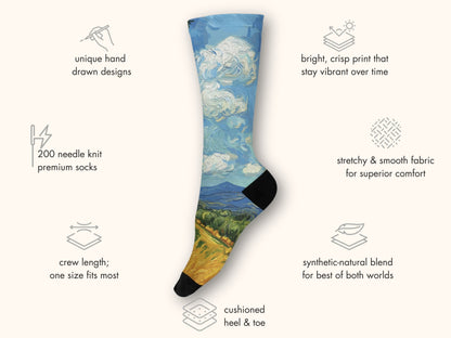 Van Gogh Cypresses Art Socks floating mockup with features highlighted