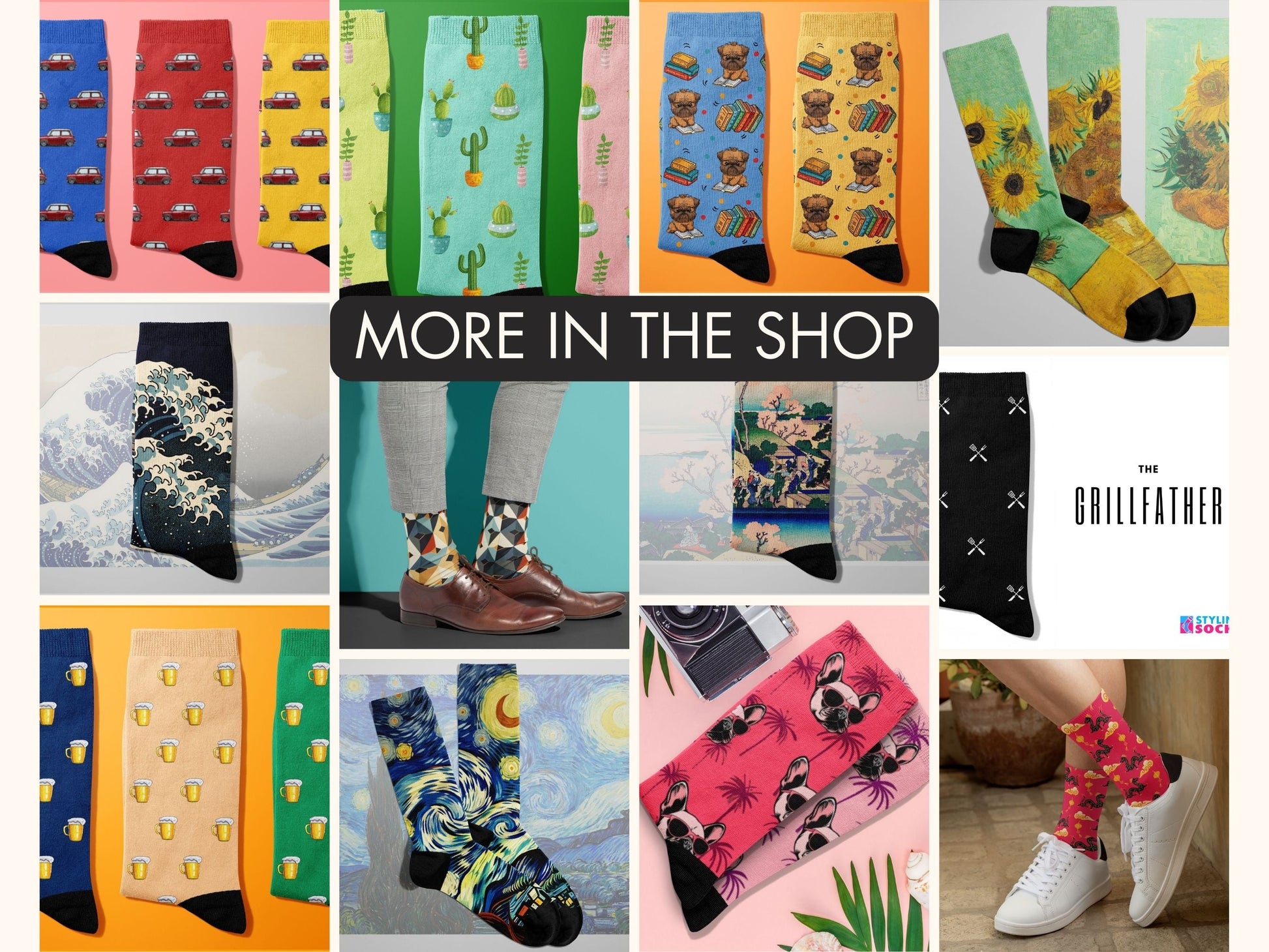 Van Gogh Cypresses Art Socks collage of multiple colourful Styling Socks designs