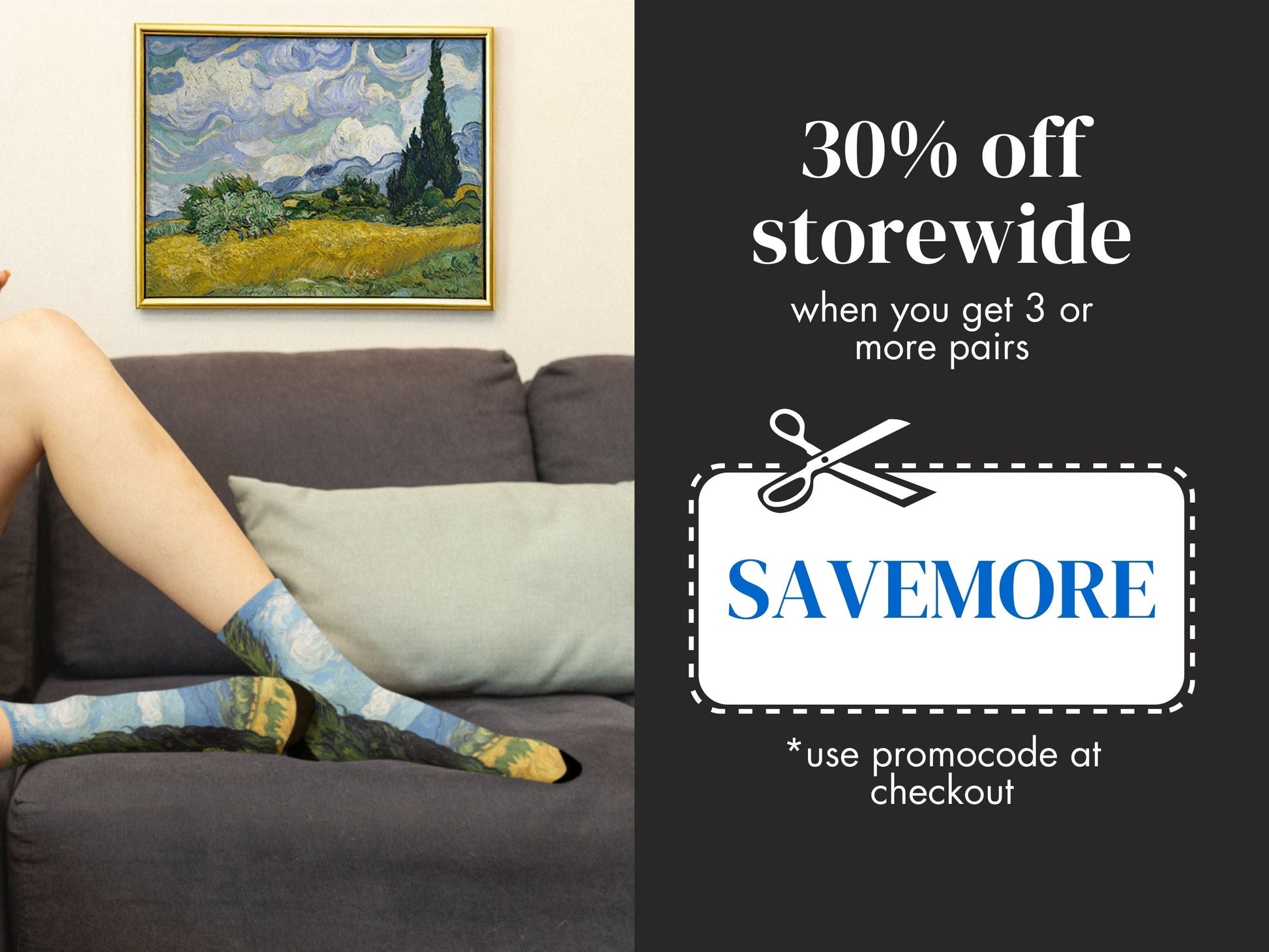 Van Gogh Cypresses Art Socks promo code offer with socks as background