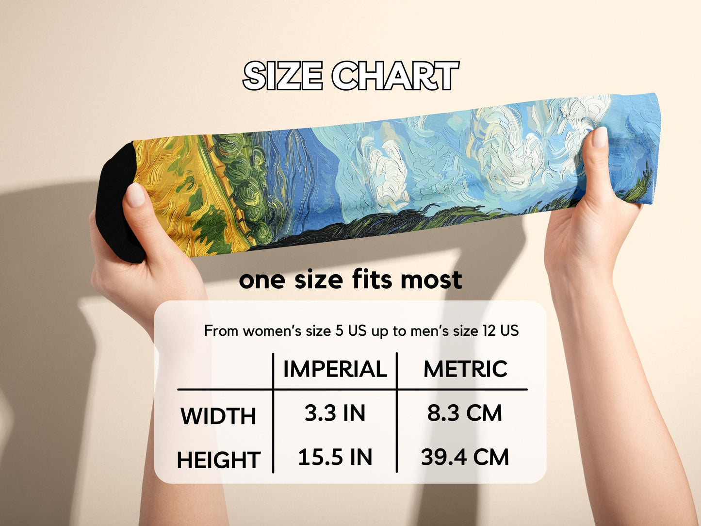 Van Gogh Cypresses Art Socks hands stretching socks with size chart overlay