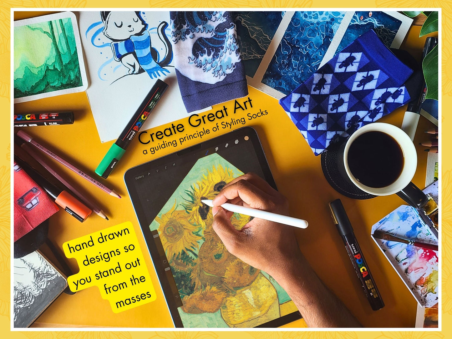 Van Gogh Sunflowers Art Socks artist hand drawing the sock design on a tablet