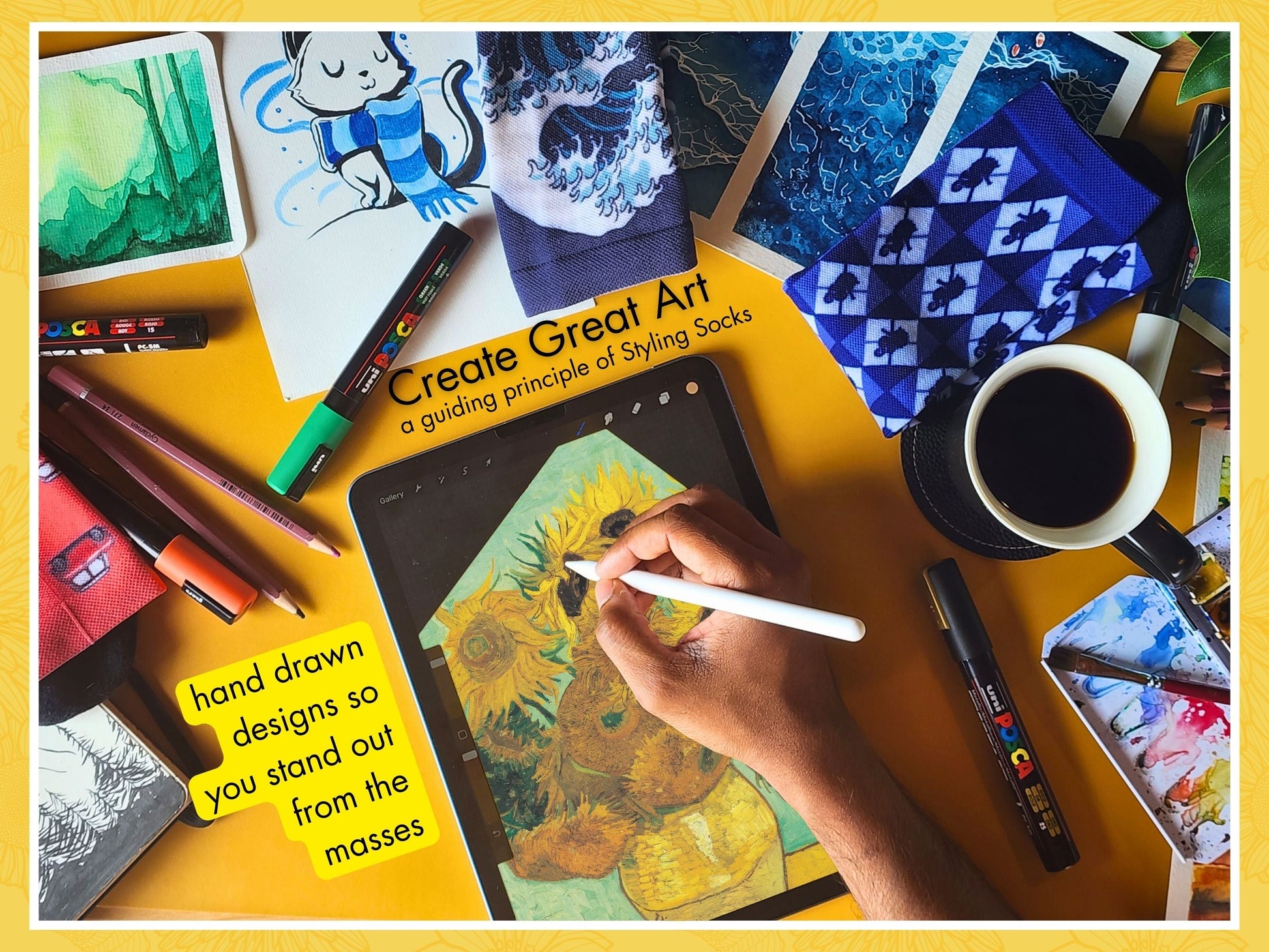 Van Gogh Sunflowers Art Socks artist hand drawing the sock design on a tablet
