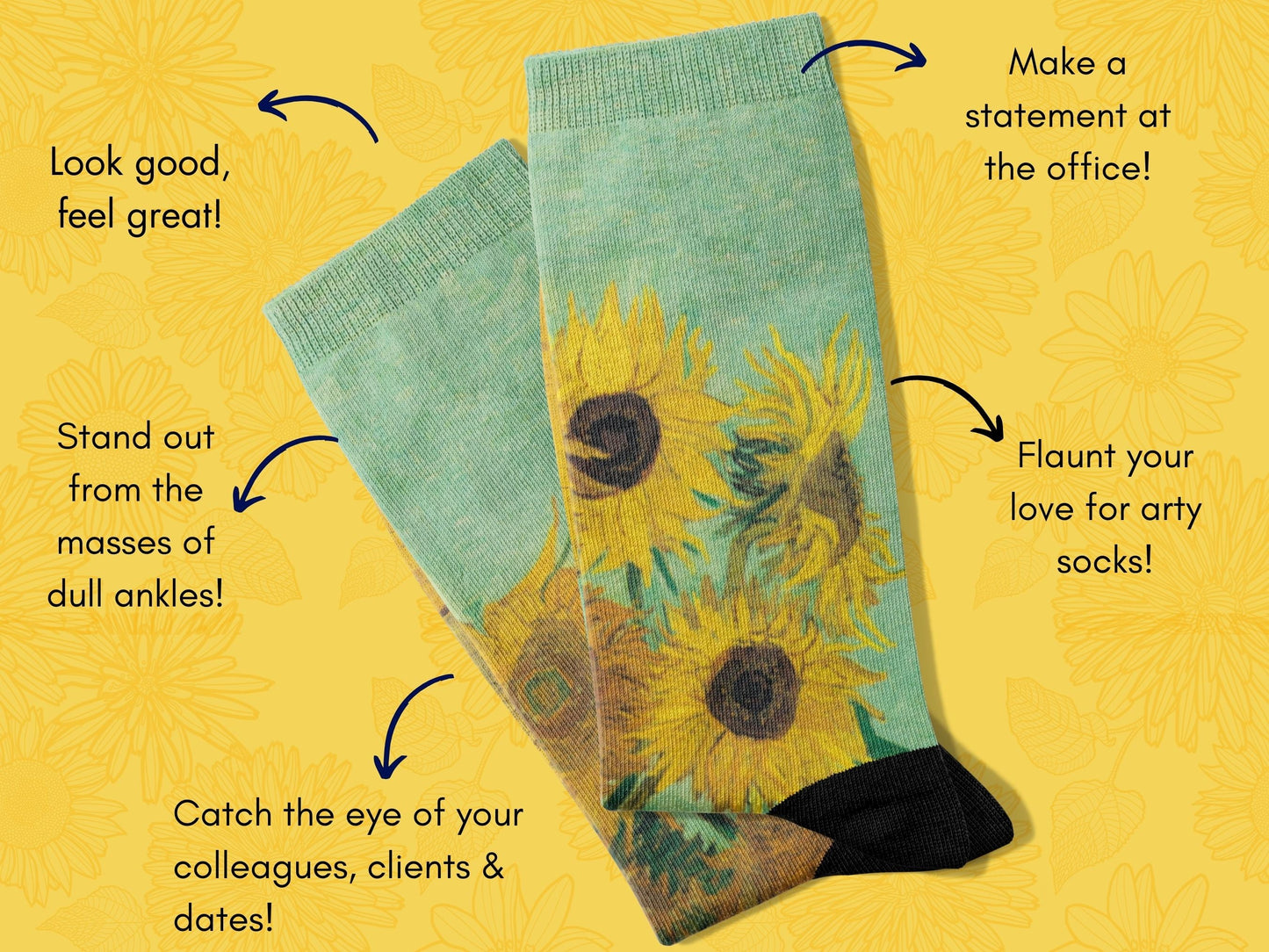 Van Gogh Sunflowers Art Socks flat lay of socks with benefits highlighted