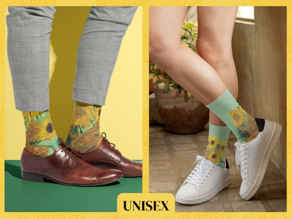 Van Gogh Sunflowers Art Socks lifestyle vibe shot in a real-life setting