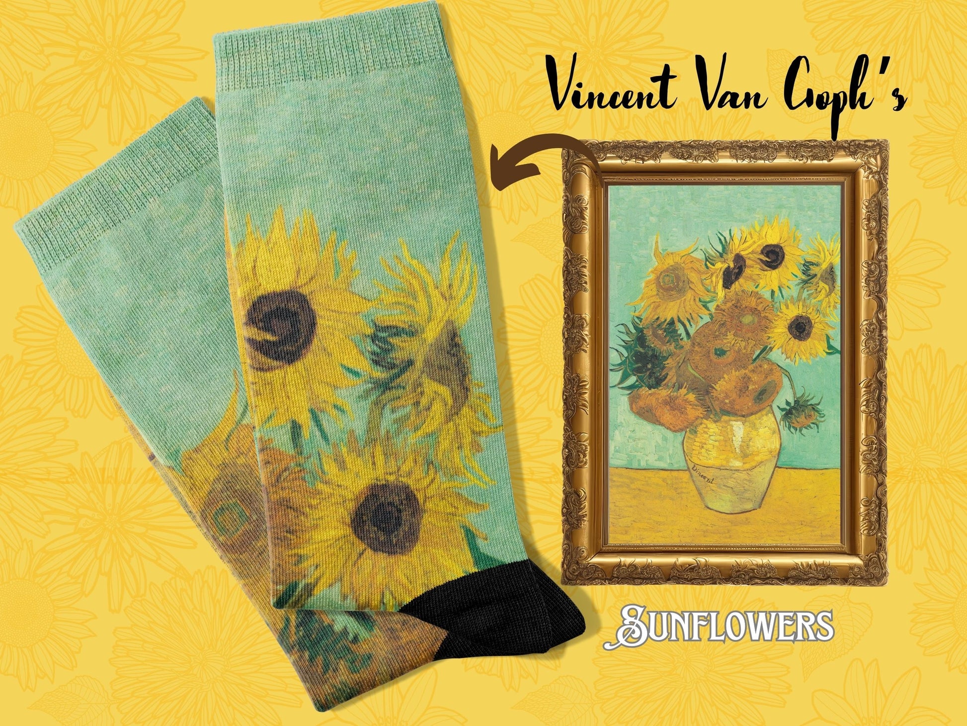 Van Gogh Sunflowers Art Socks flatlaid with Painting of Van Goph's Sunflowers next to it