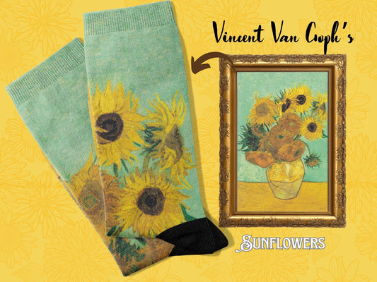 Van Gogh Sunflowers Art Socks flatlaid with Painting of Van Goph's Sunflowers next to it