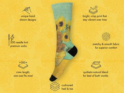 Van Gogh Sunflowers Art Socks floating mockup with features highlighted