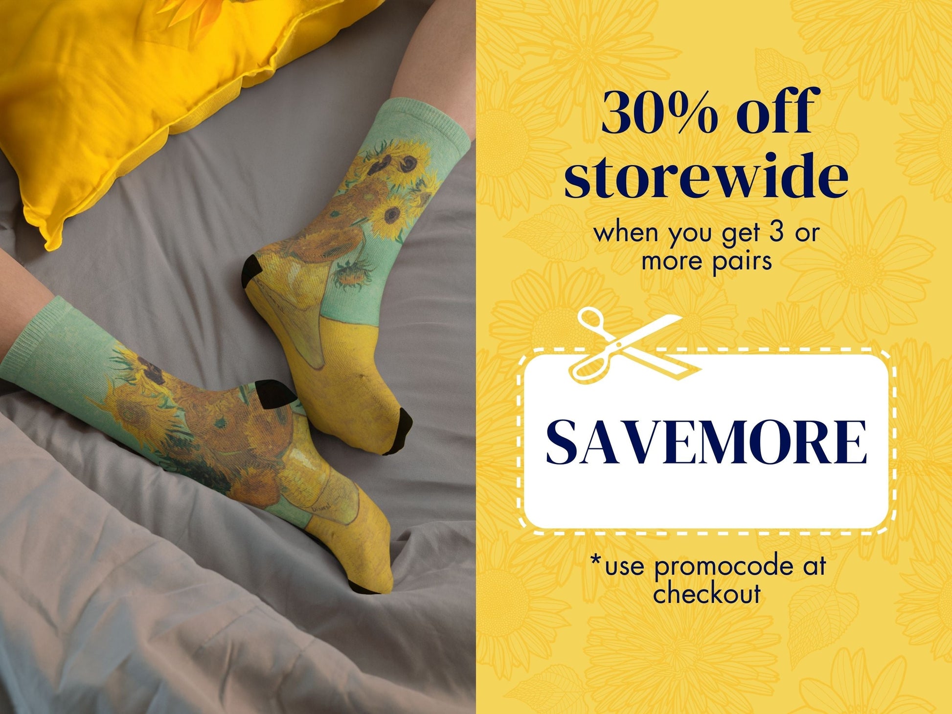 Van Gogh Sunflowers Art Socks promo code offer with socks as background