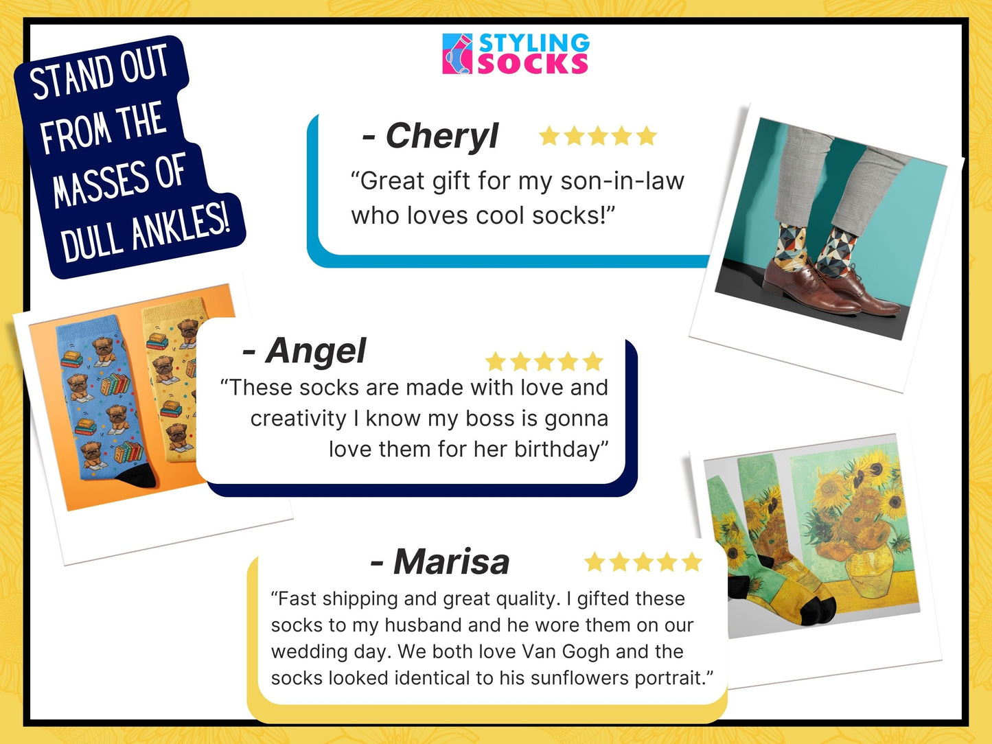Van Gogh Sunflowers Art Socks customer review collage showcasing Styling Socks testimonials