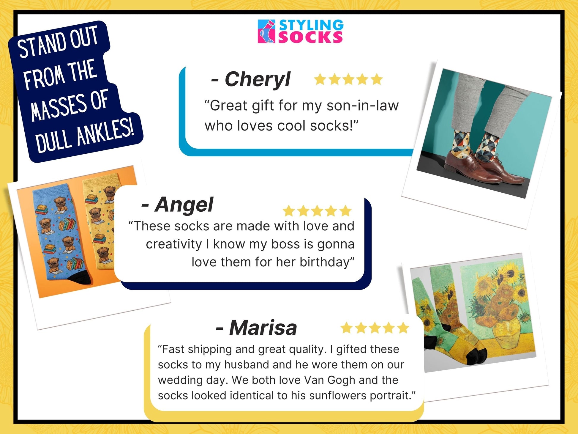 Van Gogh Sunflowers Art Socks customer review collage showcasing Styling Socks testimonials