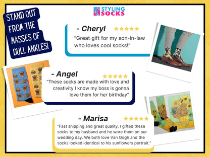 Van Gogh Sunflowers Art Socks customer review collage showcasing Styling Socks testimonials