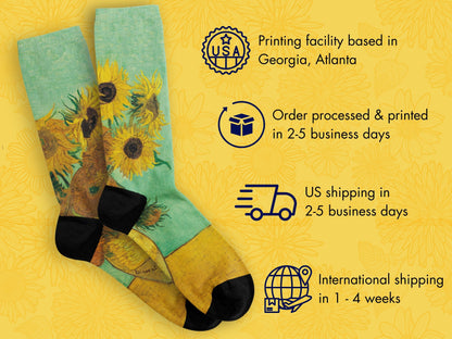 Van Gogh Sunflowers Art Socks flat lay of socks with shipping details overlay