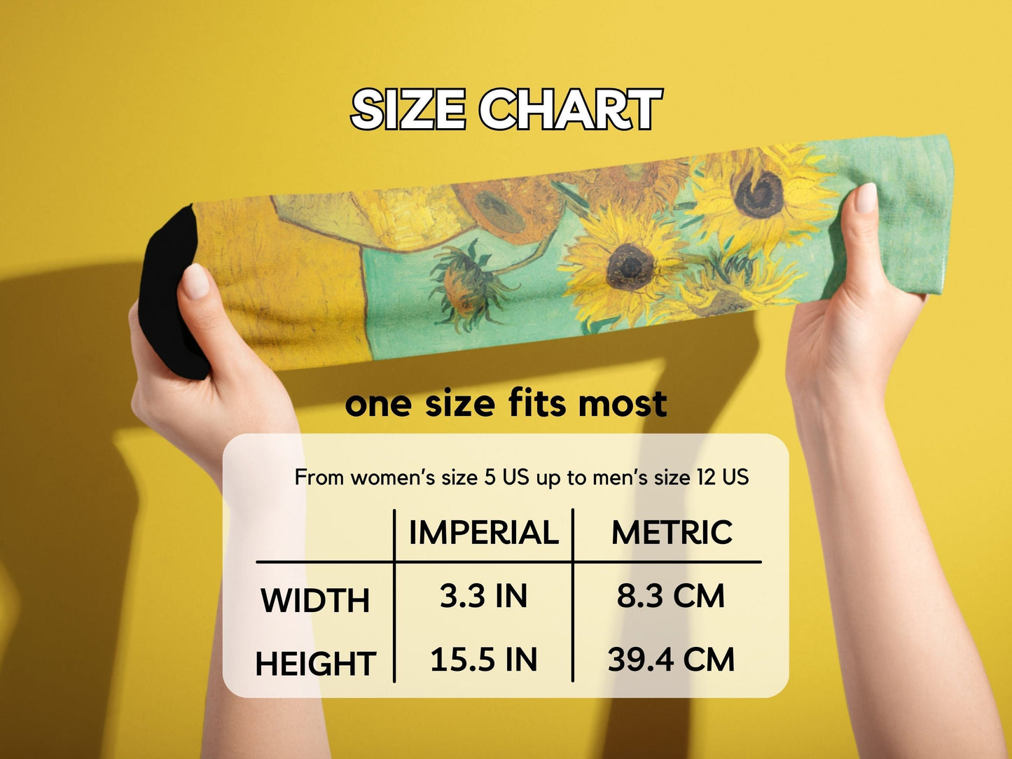 Van Gogh Sunflowers Art Socks hands stretching socks with size chart overlay