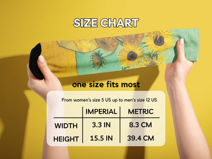Van Gogh Sunflowers Art Socks hands stretching socks with size chart overlay