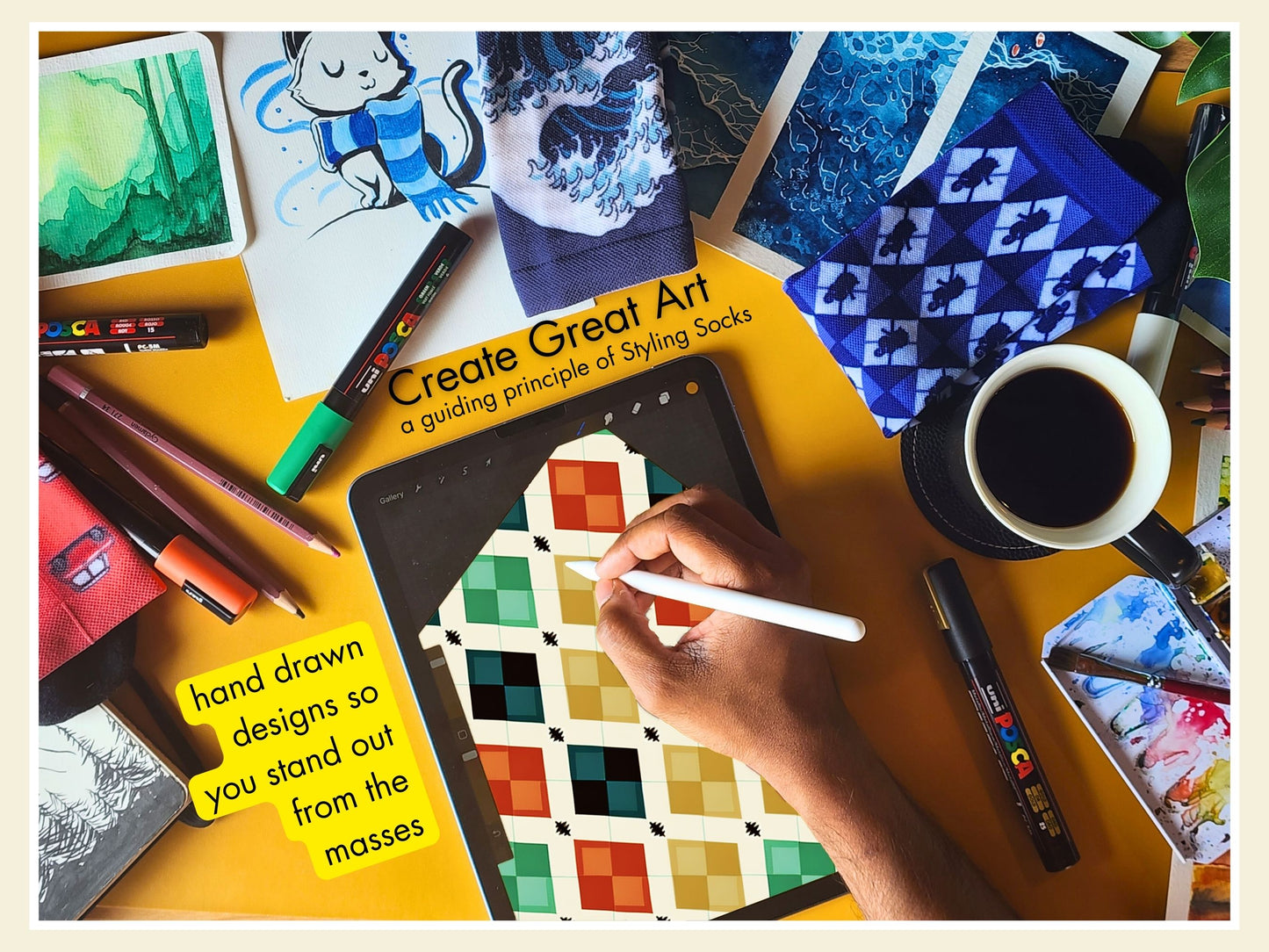 Vintage Geometric Socks artist hand drawing the sock design on a tablet