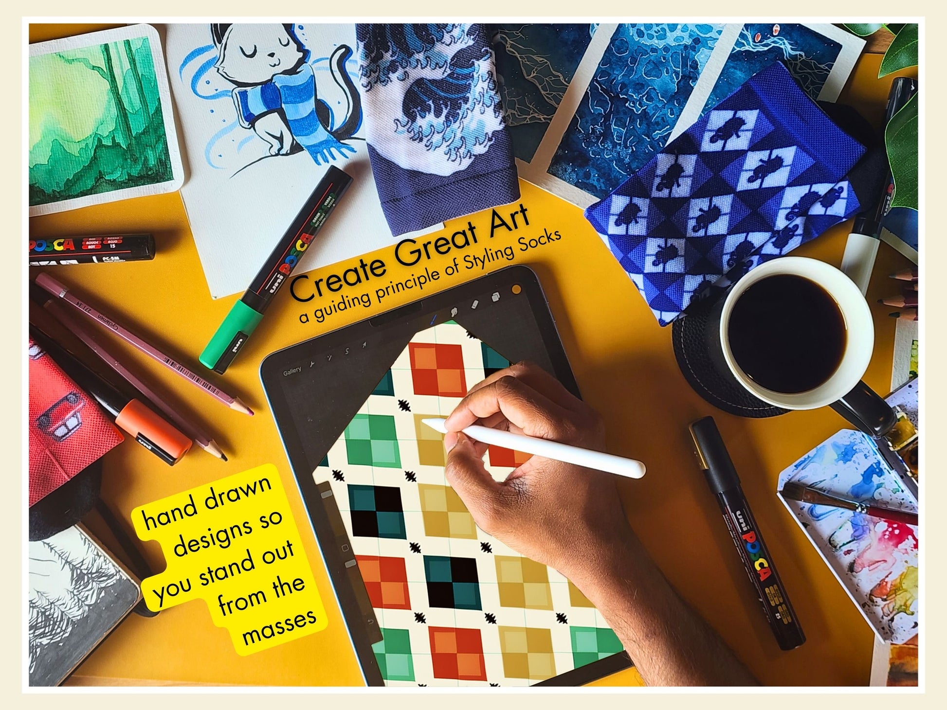 Vintage Geometric Socks artist hand drawing the sock design on a tablet