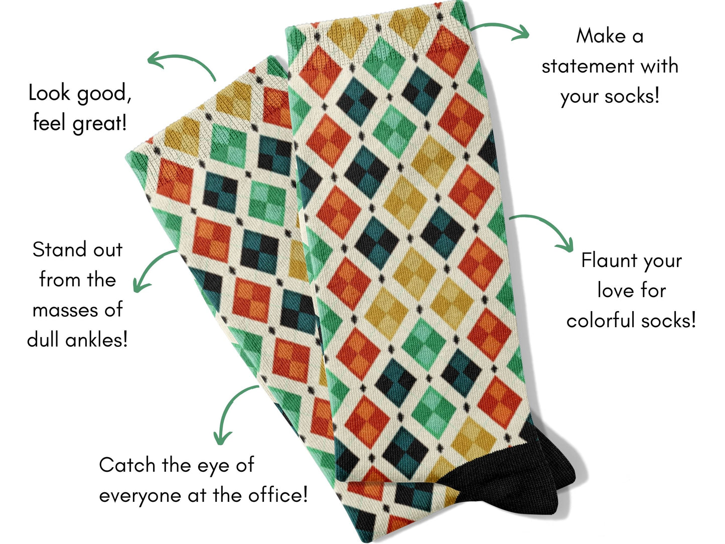 Vintage Geometric Socks flat lay of socks with benefits highlighted