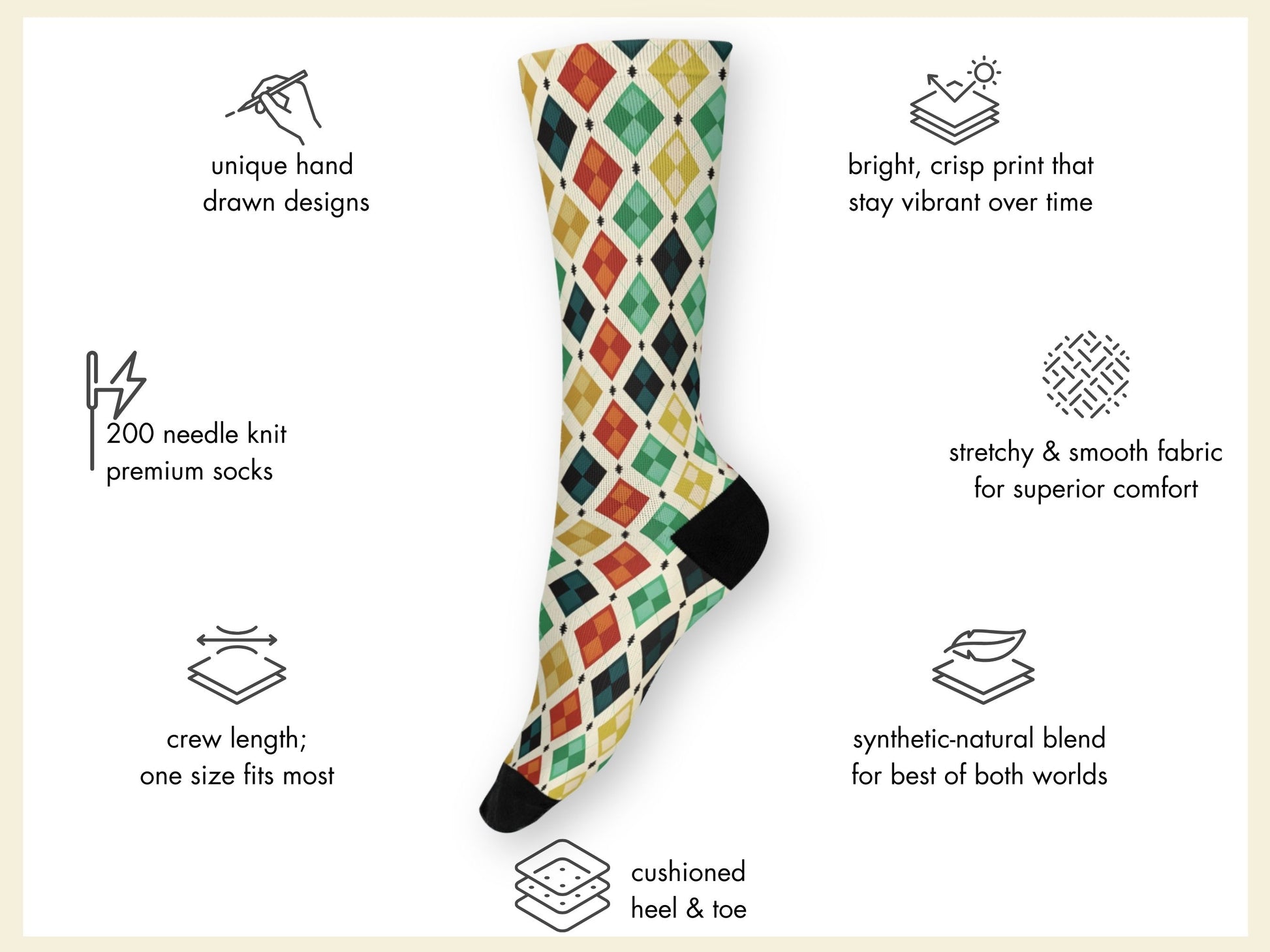 Vintage Geometric Socks floating mockup with features highlighted