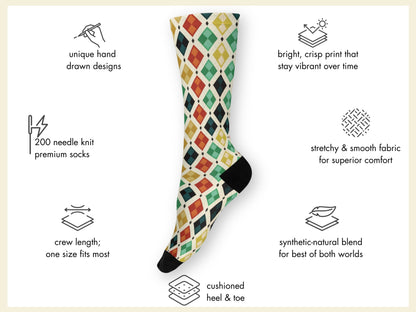 Vintage Geometric Socks floating mockup with features highlighted