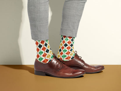Vintage Geometric Socks styled with dress shoes in a lifestyle shot