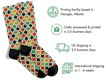 Vintage Geometric Socks flat lay of socks with shipping details overlay
