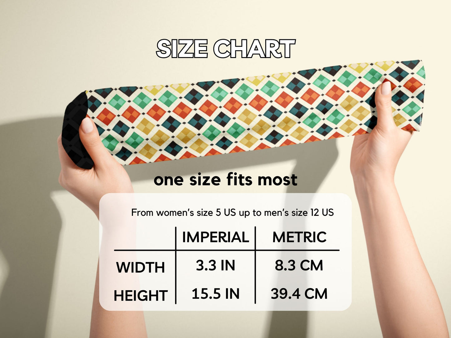Vintage Geometric Socks hands stretching socks with size chart overlay
