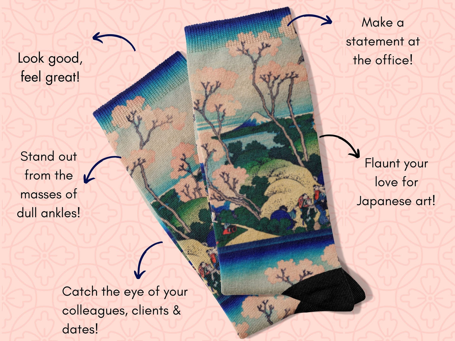 Vintage Japanese Art Socks – Cherry Blossoms by Hokusai flat lay of socks with benefits highlighted