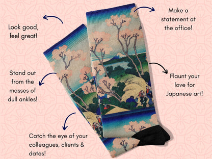 Vintage Japanese Art Socks – Cherry Blossoms by Hokusai flat lay of socks with benefits highlighted