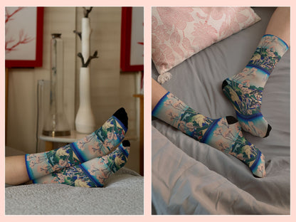 Vintage Japanese Art Socks – Cherry Blossoms by Hokusai lifestyle vibe shot in a real-life setting