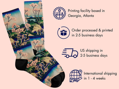 Vintage Japanese Art Socks – Cherry Blossoms by Hokusai flat lay of socks with shipping details overlay