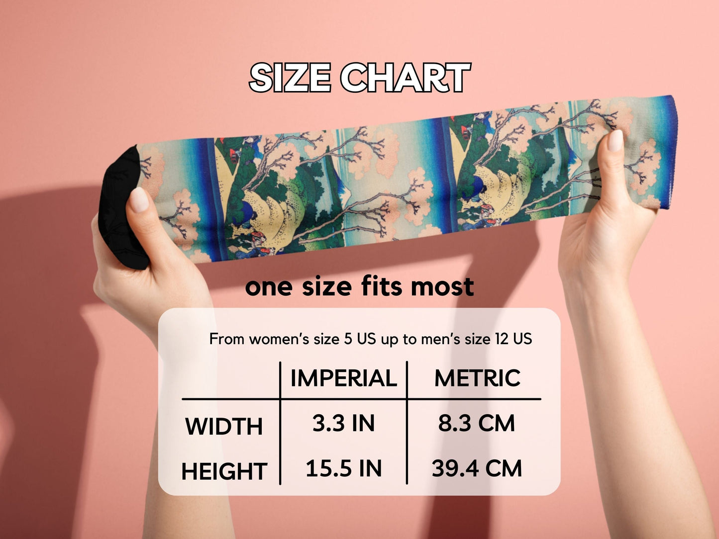 Vintage Japanese Art Socks – Cherry Blossoms by Hokusai hands stretching socks with size chart overlay