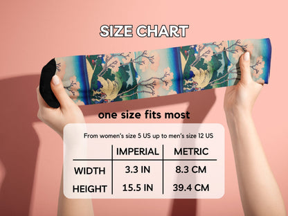 Vintage Japanese Art Socks – Cherry Blossoms by Hokusai hands stretching socks with size chart overlay