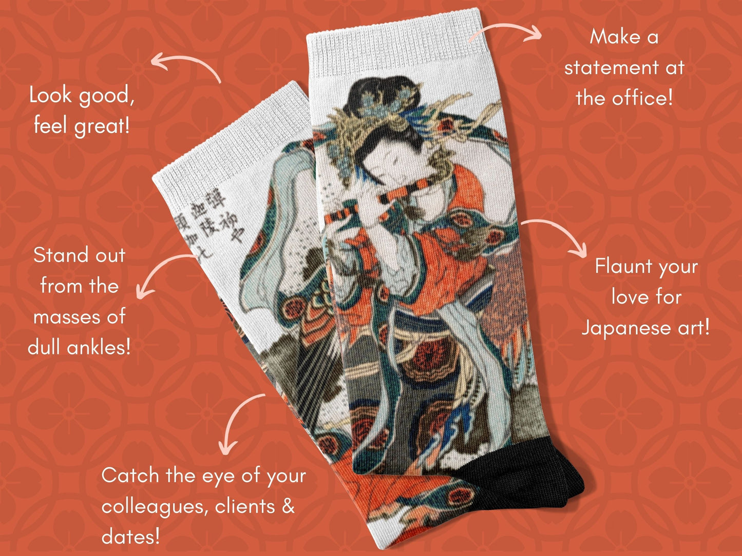 Vintage Japanese Art Socks – by Hokusai flat lay of socks with benefits highlighted