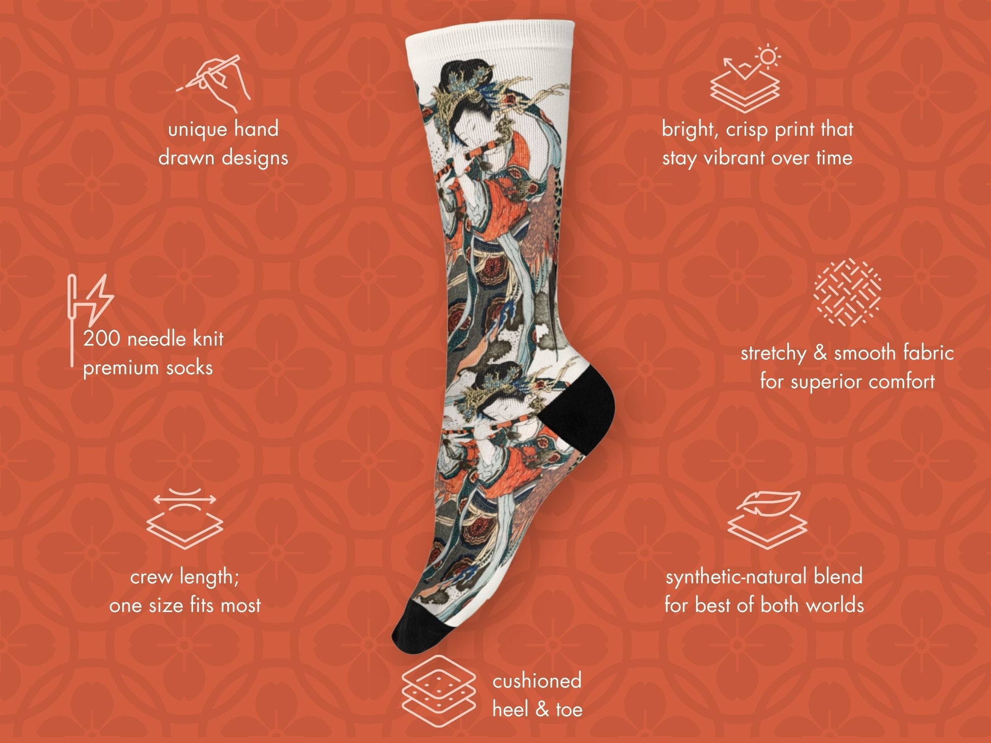 Vintage Japanese Art Socks – by Hokusai floating mockup with features highlighted