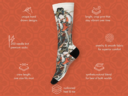 Vintage Japanese Art Socks – by Hokusai floating mockup with features highlighted