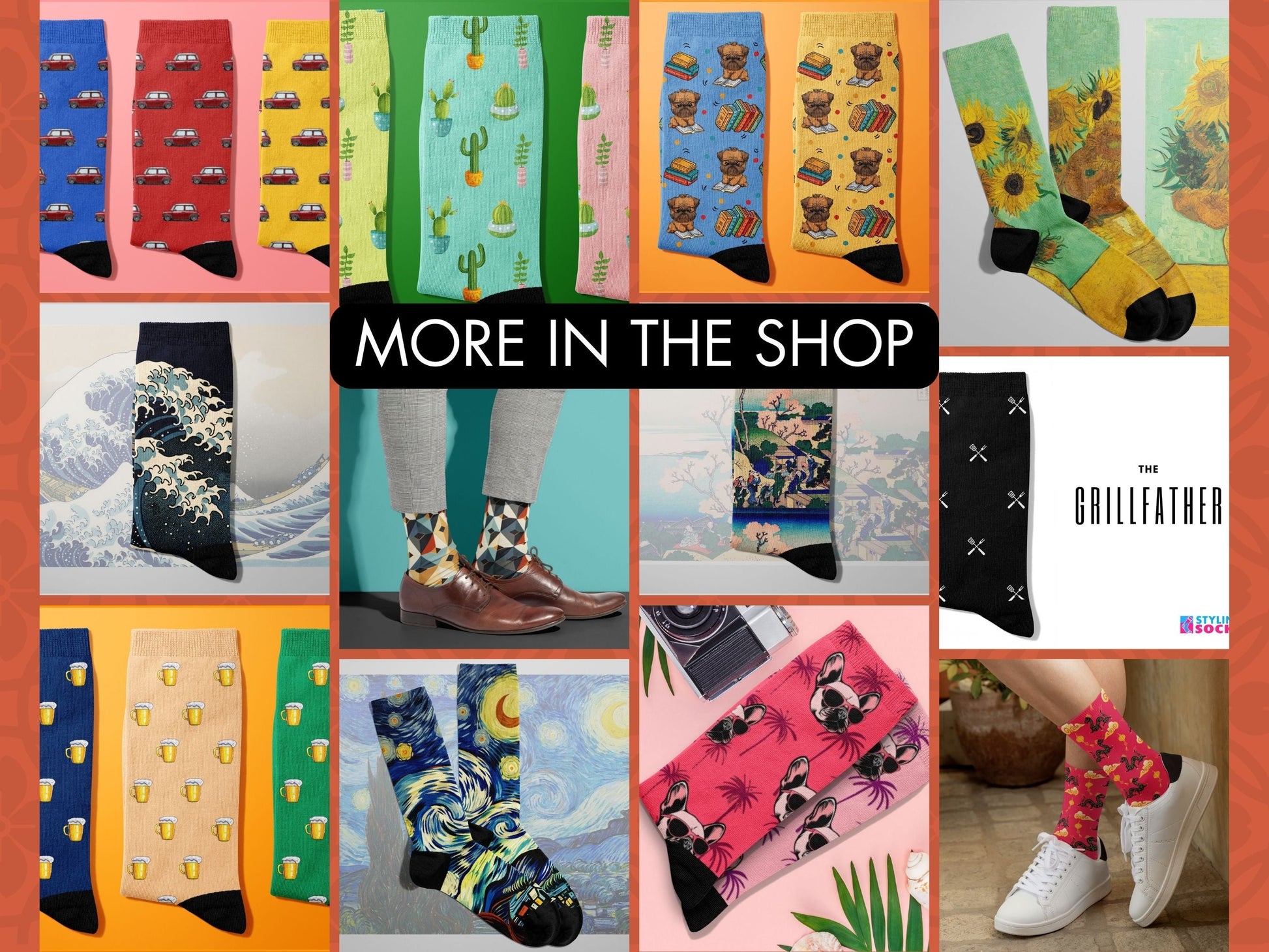 Vintage Japanese Art Socks – by Hokusai collage of multiple colourful Styling Socks designs