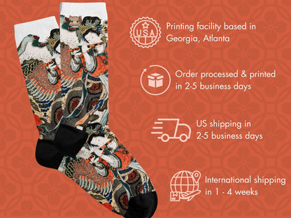Vintage Japanese Art Socks – by Hokusai flat lay of socks with shipping details overlay