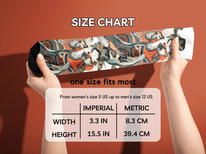 Vintage Japanese Art Socks by Hokusai hands stretching socks with size chart overlay